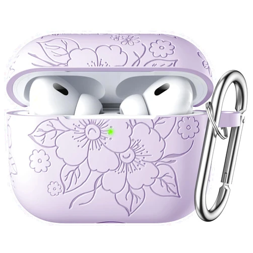 IMIVIO Flower Engraved Case Compatible with Airpods Pro 2nd Generation Case, Front LED Visible, Soft Silicone Skin Full Protective Case with Keychain for AirPods Pro Case 2nd/1st Generation, Lavender