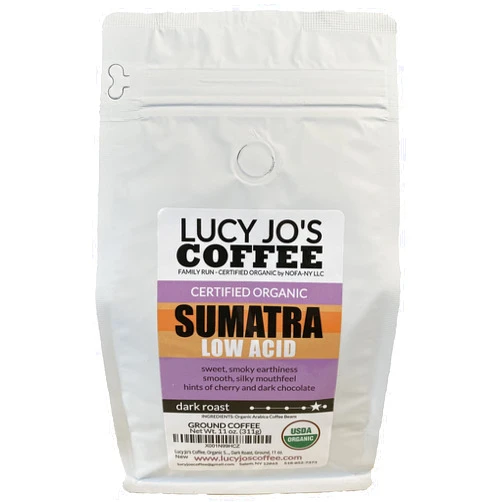 Lucy Jo's Coffee, Organic Sumatra, Low Acid, Dark Roast, Ground, 11 oz.