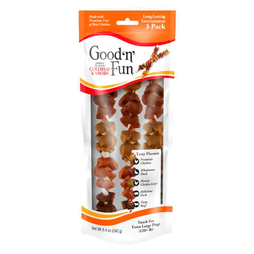 GOOD 'N' FUN Triple Flavor Colossal Kabobs Chews for Dogs, 3 Count, Treat Your Extra-Large Dog to Chews Made with Beef Hide, Chicken Liver, Chicken, Duck, Beef and Pork Flavor