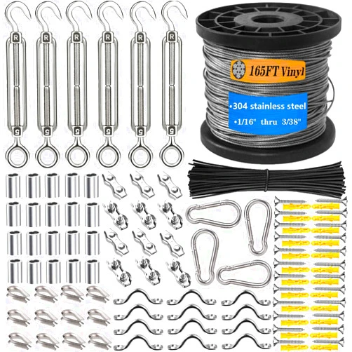 BRISBONN M5 Stainless Steel 304 Hook and Eye Turnbuckle Heavy Duty Wire Rope Tension with 165FT Vinyl Coated Steel Wire Cable Rope for Garden Wire,String Lights Hanging,Tension Wire Kit