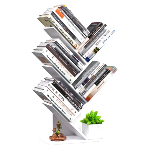 R RUISHENG 5 Tier Small Tree Bookshelf Storage Organizer Shelves Floor Standing Bookcase Desk Wood Storage Rack for Home Office Living Room Bedroom Display for Book Magazine CD Manga Warm White
