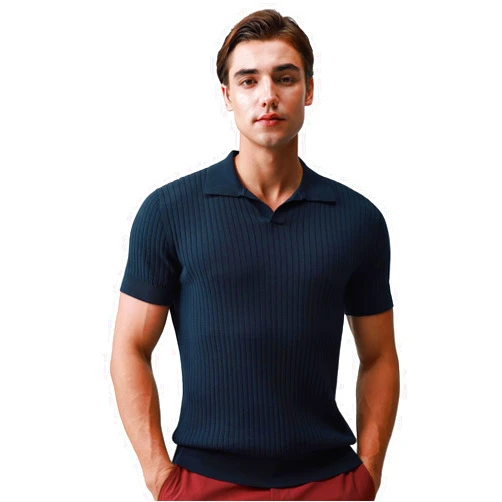 Hudson Wellesley Pure BCI Cotton Short Sleeve Polo Shirts for Men Johnny Collar Sweater High Twist Ribbed Knit Buttonless Top