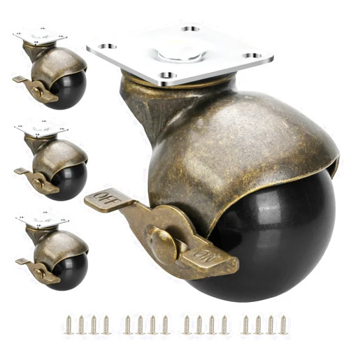JGJC Antique Brass Casters Set of 4, Heavy Duty Vintage Wheels with Brake, 2 Inch Ball Castor Wheels for Furniture, Table Caster with 360 Degree Swivel Top Plate