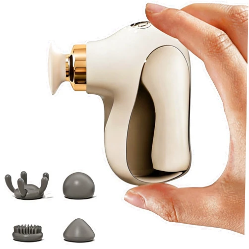 ROUYIL Mini Massage Gun, Deep Tissue Percussion Muscle Massager for Athletes, Quiet Portable,Handheld Massager with 4 Heads & 4 Speeds, Electric Back and Neck Massager for Pain Relief. (White Gold)