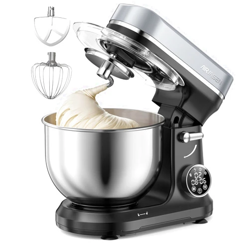AIRMSEN Automatic Stand Mixer with LED Touchscreen & Timer - 11 Speed Tilt-Head Dough Mixer Fits 5.3QT Bowl & 3-IN-1 Attachments - Kitchen Electric Mixer for Bread Cake Baking - Black and Gray