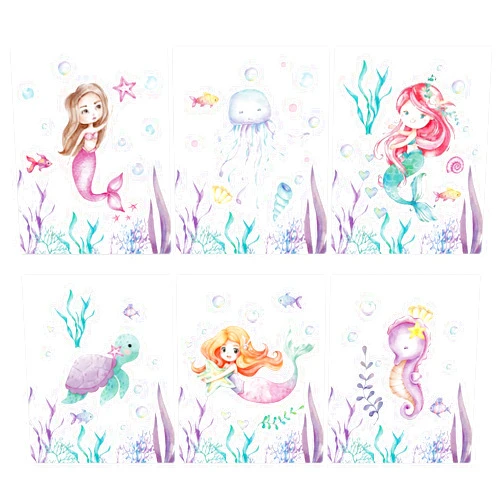 Whaline 6Pcs Mermaid Wall Art Prints Watercolor See Animals Prints Paper Art Posters 8x10 Inch Colorful Mermaid Unframed Art Poster Wall Decor for Teen Girls Bedroom Living Room, Cute Style