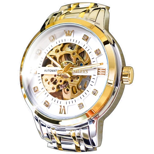 OLEVS Men’s Gold Skeleton Watch Automatic Mechanical self Winding Luxury Dress Stainless Steel Waterproof Luminous Wrist Watches