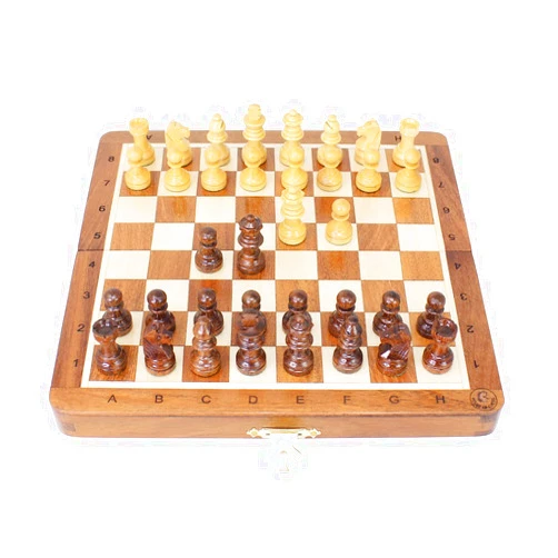 House of Chess - 8 Inch Wooden Magnetic Folding Travel Chess Set - Board with Algebraic Notation + 2 Extra Pawns & 2 Extra Queens- Handmade (Acacia Wood)