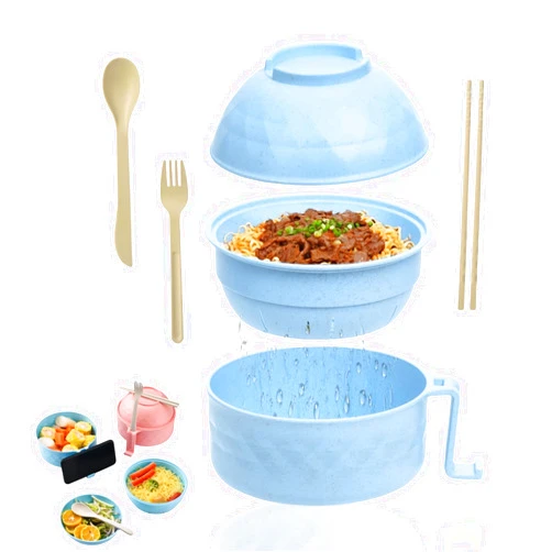 MOTEERLLU Microwave Ramen Bowl Set, 33oz Wheat Fiber Instant Noodle Bowl With Chopsticks Spoon Fork, Rapid Ramen Cooker With Handles For College Dorm Room Apartment Essentials (Blue)