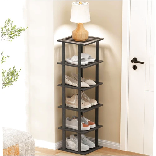 SHIISEWE Bamboo Shoe Rack for Small Spaces 6 Tier Tall Vertical Narrow Rack for Closet Stackable Shoe Holder, Black Stand for Entryway Storage Shoe Organizer