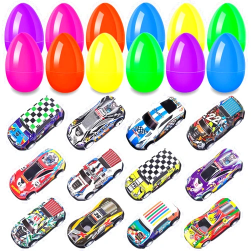 UPINLOOK 12 Pack Easter Eggs with Cars for Kids Easter Basket Stuffers, Prefilled Colorful Plastic Easter Eggs with Toys Inside for Easter Egg Hunt, Easter Party Favor Supplies