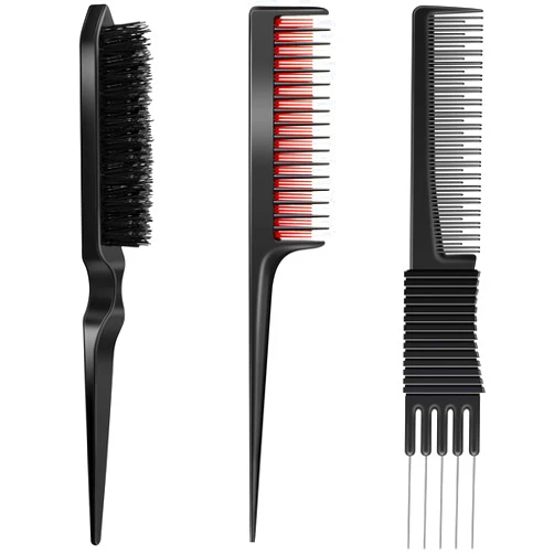 Patelai 3 Pieces Pick Teasing Combs Hair Brush Set Includes Black Carbon Lift Teasing Combs with Metal Prong, Triple Pin Rat Tail Comb, Nylon Bristle Hair Comb Brush for Women (Black and Red)