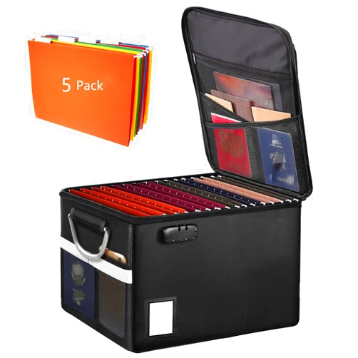 Aobteeny Fireproof Document Box With 5 Pack Hanging File Folders(Letter Size), File Cabinet Organizer Box Storage Filing Cabinet Box with Lock, Portable Important Document Organizer With Handle(5 Folders)