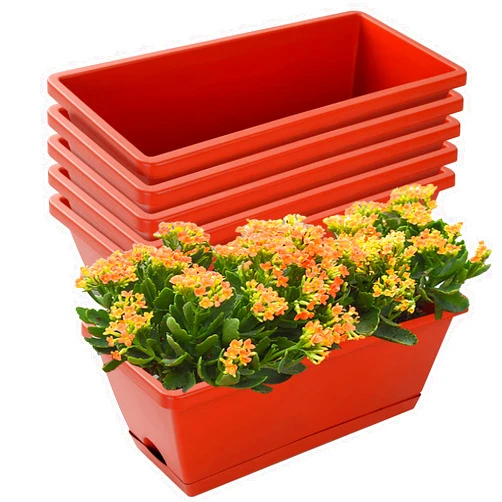 CHUKEMAOYI Window Box Planter, 7 Pack Plastic Vegetable Flower Planters Boxes 17 Inches Rectangular Flower Pots with Saucers for Indoor Outdoor Garden, Patio, Home Decor (Red)