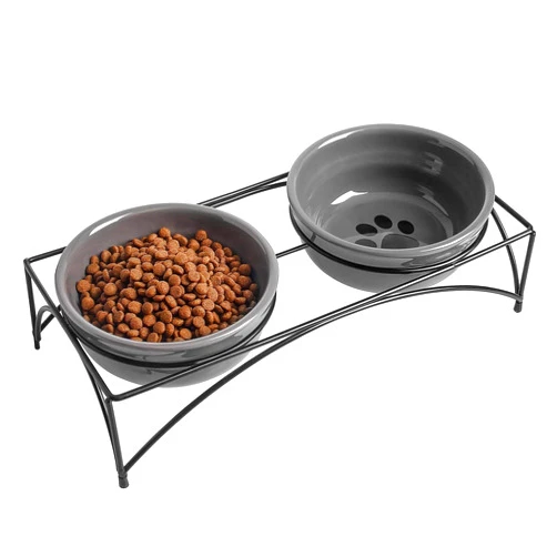 Y YHY Dog&Cat Food Bowls,12OZ Ceramic Raised Pet Bowls for Food and Water, Two Elevated Pet Dishes Bowls 2.75” Height Sturdy Metal Stand, Grey