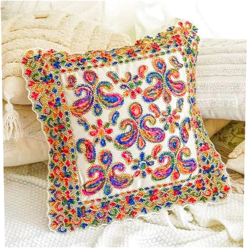 Generic Indian Ethnic Embroidery Cushion Cover 18x18 Inches, 1 Pack of Colorful Bohemian Floral Pillowcase with Lace Edge, Handwork Velvet Pillow Cover for Sofa Couch Bed