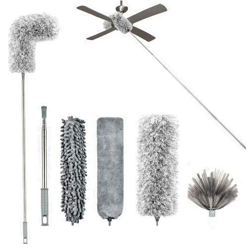 Tilldawn Microfiber Duster with Extension Pole(Thicker Stainless Steel Pole 2.5-8ft), 4 in 1 Extendable Duster, Washable Bendable Duster, Long Handle Feather Duster for Cleaning Ceiling Fan, Ceiling, Furniture