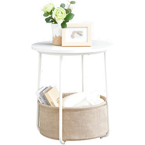 VASAGLE End Table, Small Bedside Table with Fabric Basket, Modern Nightstand, Round Side Table, for Living Room, Bedroom, Matte White and Camel Brown ULET223W10