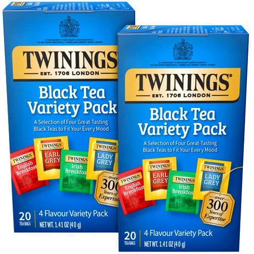 Twinings Black Tea Variety 2-Pack with Earl Grey Tea, English Breakfast Tea, Irish Breakfast Tea, and Lady Grey Tea Bags, Individually Wrapped, 20 Count Ea
