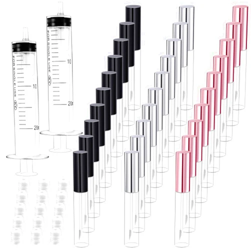 Bercoor 30 Pack Lip Gloss Tube, 10ml Empty Refillable Lip Balm Bottle Clear Plastic Lip Gloss Container with Rubber Stoppers for DIY Makeup, Personal Cosmetic, Black, Sliver and Pink