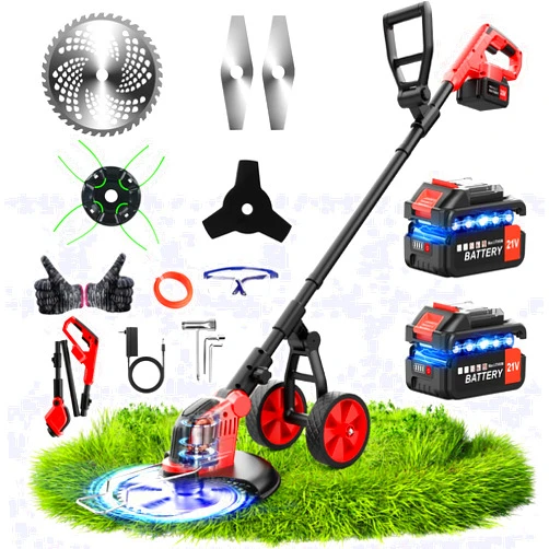 Lazenry 6000mAh Electric Weed Eater Battery Powered,12″ Brushless Electric Weed Wacker Cordless Wheeled String Trimmer,4 in 1 Grass Trimmer/Brush Cutter/Grass Edger/Weed Trimmer 5 Blade, 2 Battery (Red)