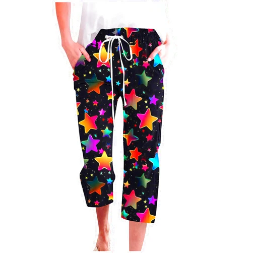 Vrvtoov Star Universe Printed Capri Pants for Women Drawstring Straight Wide Leg Pant High Waist Casual Beach Trousers Lounge