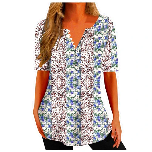 Ceboyel Women Floral Print Henley Shirts Button Down V Neck Sexy Causal Tops Short Sleeve Tunic Blouses Dressy Ladies Outfits