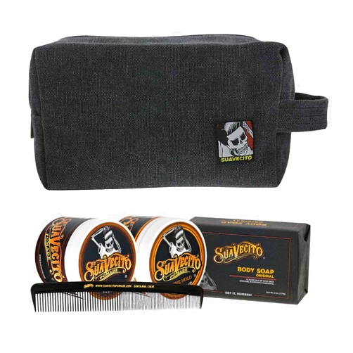 Suavecito Men's Hair Grooming Set OG & Firme (Strong) Hold Pomade, Body Soap, Large Deluxe Comb & Black Canvas Bag
