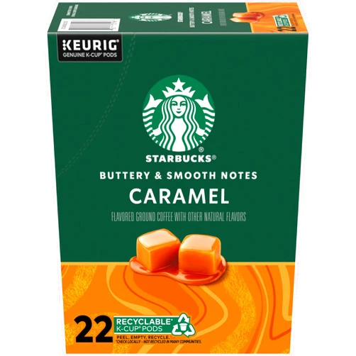 Starbucks K-Cup Coffee Pods, Caramel Naturally Flavored Coffee For Keurig Brewers, 100% Arabica, 1 Box (22 Pods)
