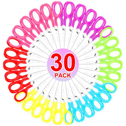 BURVAGY 30Pack Kids Scissors Bulk,5 Inch Scissors for Kids,Student Scissors Safety Scissors Comfort-Grip Handles Sharp Blade Blunt for Classroom Office School Home Paper Cutting