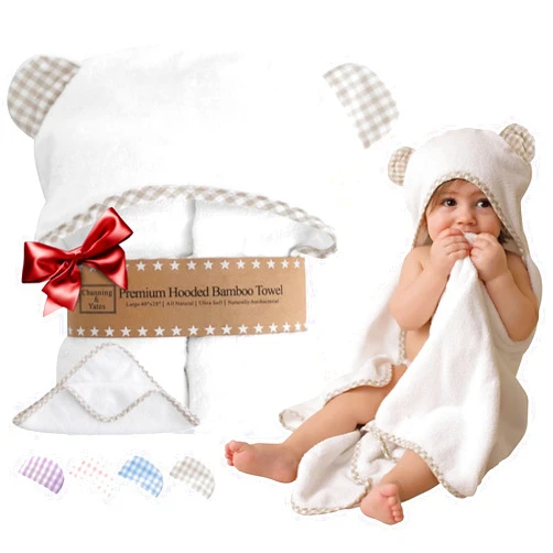 Channing & Yates Premium Boutique Organic Baby Bath Towel and Washcloth Set - Vicose Bamboo Baby Hooded Towel - Soft Baby Towels Baby Bath Essentials - Girl Boy Baby Bath Towels (Beige/White)