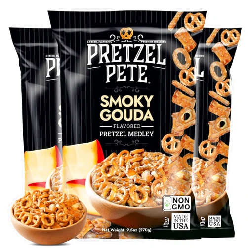 Pretzel Pete Smoky Gouda Pretzel Medley Seasoned Pretzel Medley, Nut-Free and Sesame-Free Snack, Small Batch, Bold Flavor (9.5oz, Pack of 3)