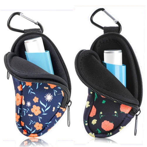 Koikyu Asthma Inhaler Carrying Holder Neoprene Travel Inhaler Mini Bag for L-Shaped Inhaler, Inhaler Not Included (Flower 2PCS)