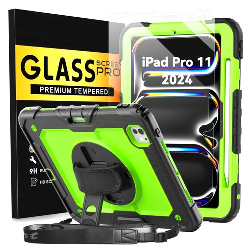 BLOSOMEET Case ONLY for iPad Pro 11 Inch (2024) M4 with Tempered Glass Screen Protector & Pencil Holder, Cover for iPad Pro11 5th Gen (A2836, A2837, A3006) with Stand Hand Shoulder Strap, Green