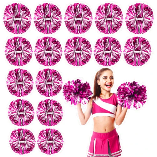 Yunsailing 50 Pack Cheerleading Pom Poms with Handle Bulk Metallic Foil Plastic Fun Pom Poms for Dance, Matches, Squad Team Spirit Sports, Stage Performance, Carnival Celebration(Rose Red and Silver)