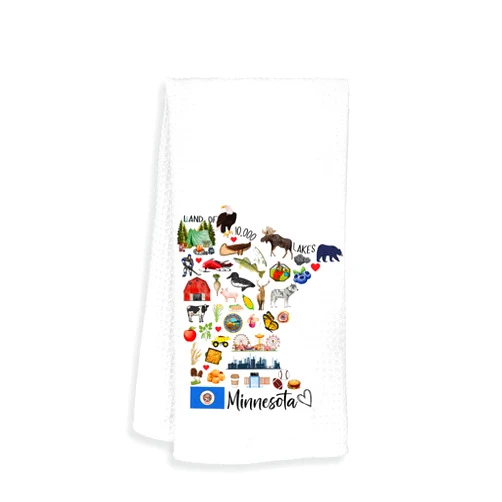 Moonlit93 Minnesota State Map Kitchen Towel, Floral Polyester, 16'x24' Waffle Weave, Soft & Absorbent, Multi-Purpose, Machine Washable