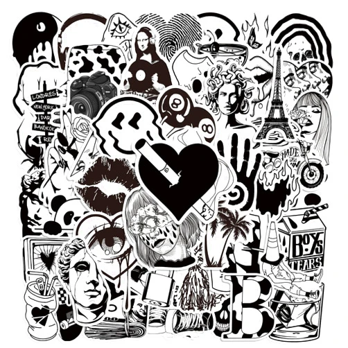 Aoinqx 50pcs Gothic Stickers Pack, Black and White Skull Stickers for Water Bottle Laptop Luggage Skateboard Planner Scrapbooking, Waterproof Vinyl Horror Decals for Teens Adults (Black-B)