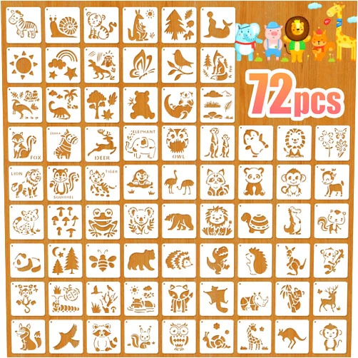 Yazhiji 72 Pcs Animal Stencils for Painting, Reusable Wildlife & Creature Animal Painting Templates - Lion, Elephant, Zebra, Panda Craft Kit for Wall Murals, Fabric Art, Wood Signs, Kids Classroom Projects