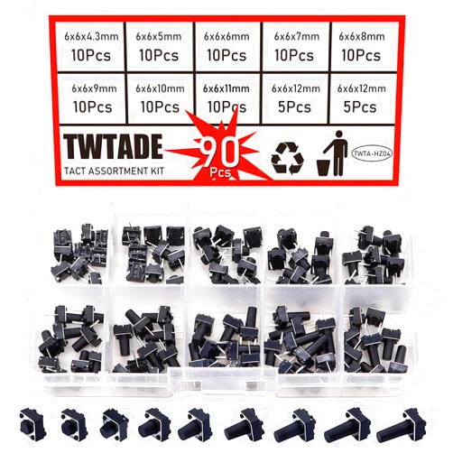 TWTADE 90PCS 2 Pin Tactile Switch Micro Momentary Tact Push Button Switch Assortment Kit 6 x 6 x 4.3/5/6/7/8/9/10/11/12mm(Each Values 10pcs) QC-9V-2P