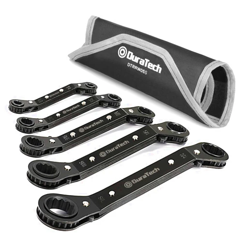 DURATECH 5 Pc Double Offset Box End Reversible Ratcheting Wrench Set, SAE, Heavy-duty, Matte Chrome Plated, Ratchet Spanner Crooked for Narrow Spaces (1/4-7/8 inch)