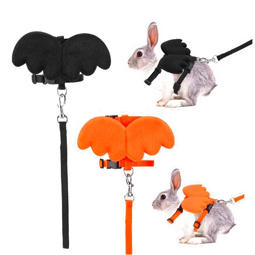 Filhome 2 Pack Halloween Adjustable Rabbit Bunny Harness and Leash Set with Wings,Orange and Black Halloween Style Vest Harness for Halloween Dress Up Party Cosplay(XS/Orange and Black)