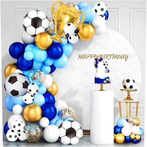 BANBALLON Soccer Garland Arch Kit Blue Gold Soccer Party Decorations Trophy Soccer Ball Balloons for Men Boy Soccer Birthday Party Sports Theme Party Football Theme Party Supplies (Blue Gold)