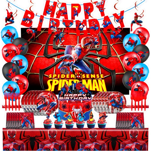 MAYJAI Spider Birthday Decorations, Superhero Spider Party Supplis include Plates Napkins Tablecloth Hanging Swirls Garland for Banner, Kids Birthday Party Supplies