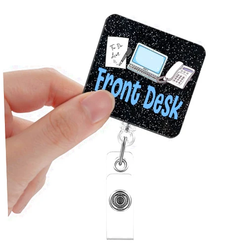 Xipromi Front Desk Badge Reels Retractable Glitter with Clip, Funny Badge Holder for ER Registration Front Desk Receptionist Secretary, Hospitality Worker Gift, Front Desk Appreciation Gift