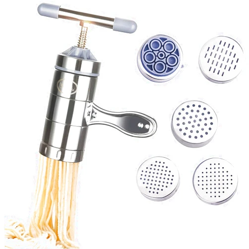 Besimple Stainless Steel Manual Noodles Maker, Portable Pasta Maker Noodle Making Press Machine Spaghetti Making Tools with 5 Noodle Mould