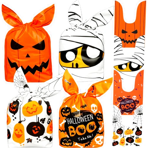 VOVEA Halloween Treat Bags, 100PCS Small Halloween Goodie Bags, 4 Cute-Designs Halloween Candy Bags, Rabbit Ear-Shaped Plastic Halloween Gift Bags for Trick or Treat, Halloween Party Favors Supplies, Snack