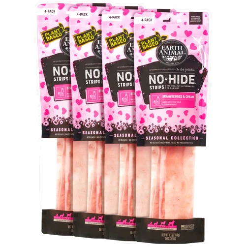Earth Animal No Hide Strips Strawberries & Cream Flavored Vegetarian Natural Treats | No Rawhide | Quick & Thin Dog Chews | 4 Pack, 16 Count