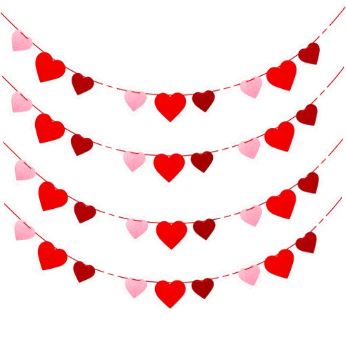 Partyprops 4Pcs Valentines Day Felt Heart Garland Banner- NO DIY- Valentines Decorations- Valentine's Day Party Decorations Supplies- Valentines Burgundy Pink Red White Heart Garlands for Home Fireplace Mantle