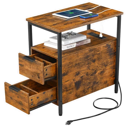 VASAGLE Side Table with Charging Station, Narrow End Table with 2 Drawers, Slim Nightstand and Bedside Table with Storage, for Small Spaces, Rustic Brown + Black