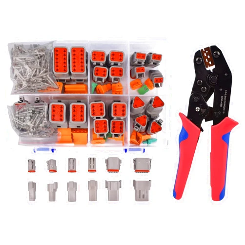 Amliber 174Pcs 12 Kits DT Connector Kit With Ratcheting Wire Crimper for Deutsch Connector, 2 3 4 6 8 12 Pin Connectors Automotive Electrical Connectors With Size 16 Stamped Contacts IP68 Waterproof